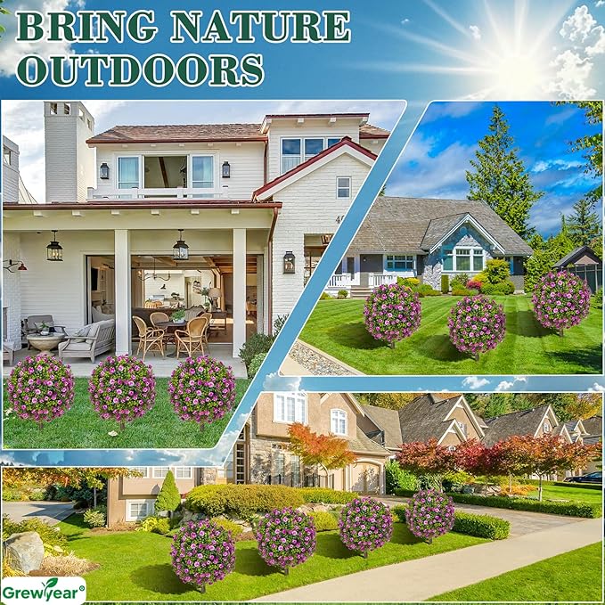 Artificial Topiary Ball with Ground Spike Set of 2, Faux Boxwoods for Outdoor Planters, UV Resistant Artificial Outdoor Plants for Porch, Fake Bushes Round Flower Shrub with Purple Rose