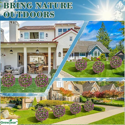 Artificial Topiary Ball with Ground Spike Set of 2, Faux Boxwoods for Outdoor Planters, UV Resistant Artificial Outdoor Plants for Porch, Fake Bushes Round Flower Shrub with Purple Rose