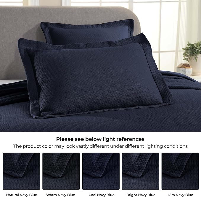 Superior Solitaire Cotton 3 Piece Bedspread Set, Home Bed Decor, Decorative Textured Bed Spread, 2 Pillow Shams, Airy Blanket, Matelasse Coverlet Bedding, All-Season Accent Blanket, King, Navy Blue