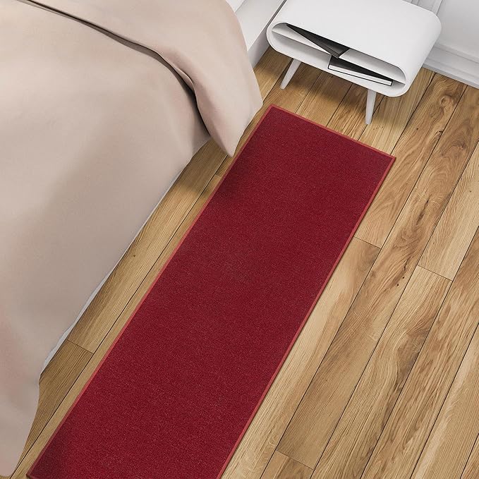 Machine Washable Modern Solid Design Non-Slip Rubberback 3x10 Traditional Runner Rug for Hallway, Kitchen, Bedroom, Living Room, 2'7" x 9'10", Red
