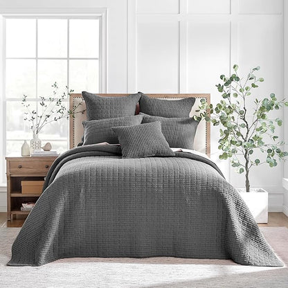 Levtex Home Mills Waffle Twin Bedspread Set (84x104in) with 1 Pillow Sham (26x20in) - Charcoal - 100% Cotton Twin Size Bedspread Set - Lightweight, Soft, Pre-Washed