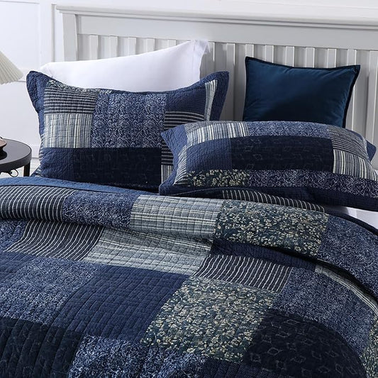 mixinni Navy Blue Quilt Set King Size, 100% Cotton Farmhouse Patchwork Plaid Floral Bedding Set, 3-Piece Reversible Lightweight Bedspread Coverlet Set for All Season (106"x92")
