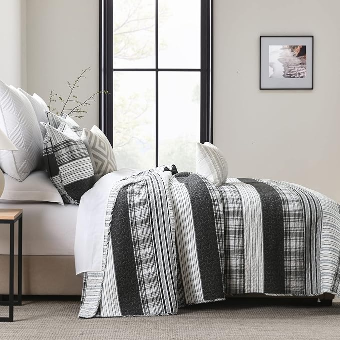 Homzard King Size Quilt,Black and White Striped Quilt King Size Bedding Set,Grey Bedding Set,Farmhouse Lightweight Comforter for Bed,100% Cotton All Season