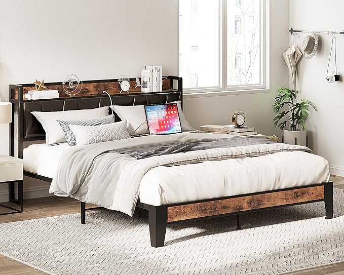 LIKIMIO Full Size Bed Frame, Storage Headboard with Charging Station, Solid and Stable, Noise Free, No Box Spring Needed, Easy Assembly (Vintage and Black)