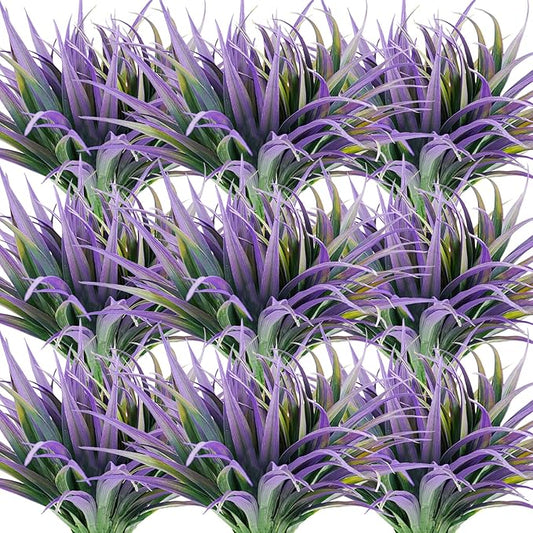 Artificial Fake Grass, 24 PCS Outdoor Faux Plastic Plants Greenery UV Resistant for Outside Home Window Box Garden Office Patio Hanging Planter Front Porch Décor (Dark Purple+Green)