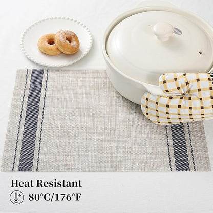 Leetaltree Khaki-Blue Placemats, Heat Resistant Non-Slip Place mats for Dining Table, Washable Durable PVC Vinyl Woven Table Mats (Set of 8)
