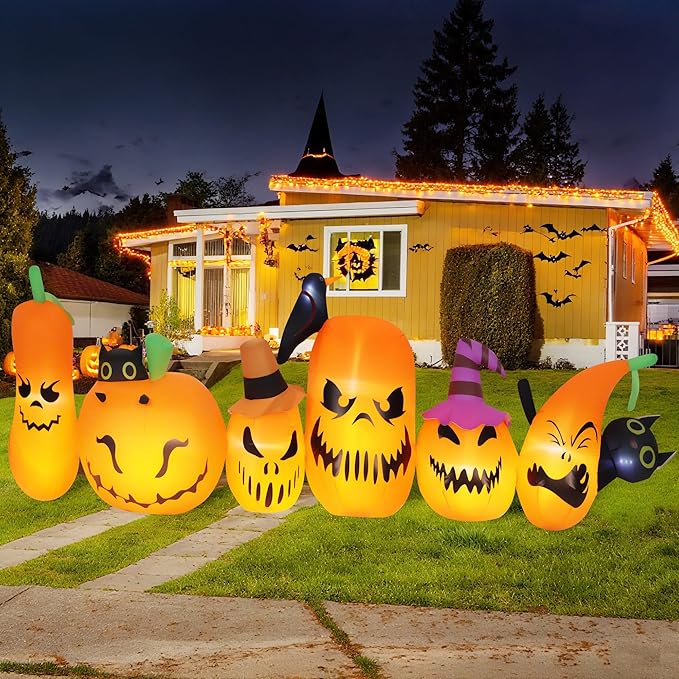 Halloween Inflatables Outdoor Decorations, Blow Ups 6 PCS Pumpkins Black Cat with Build-in LED Lights, Funny Yard Garden Decoration for Halloween Party Indoor Outdoor