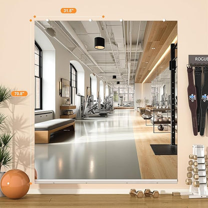 Hasipu Home Gym Mirror, 71"x32" Each, 2-Pack Frameless Wall Mounted Mirrors with Glass Clamps & Aluminum Rail, Large Body Mirror for Home Gym, Yoga Studio, Bedroom, Silver Tempered Glass