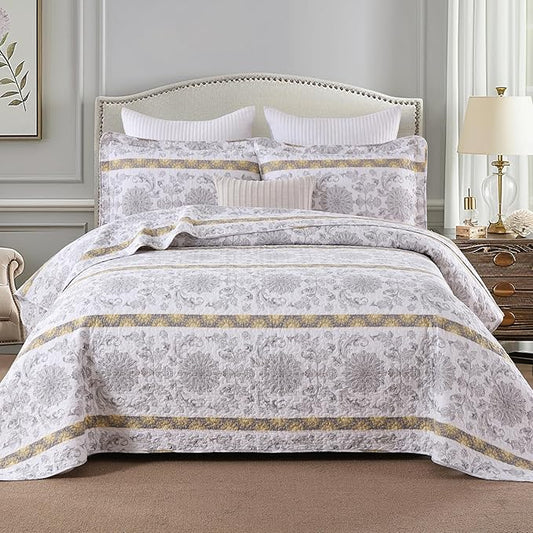 Homzard King Size Quilt - Cotton King Size Comforter Set,Grey Yellow White Striped Bedspread,Paisley Quilt Bedding,Lightweight Bedding with Two Pillow Shams
