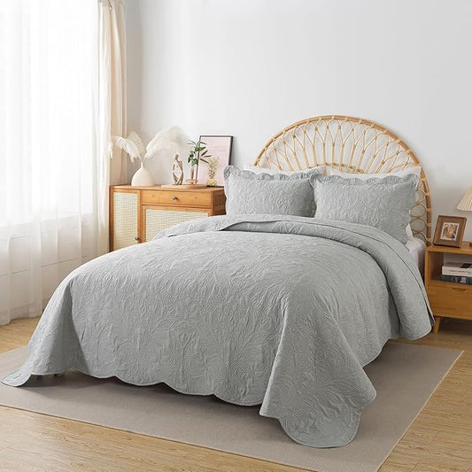 HoneiLife King Quilt Bedding Set - 3 Pieces Microfiber Quilt Sets Lightweight Bedspreads Reversible Coverlets Retro Bed Cover Quilt King Size All Season Quilts-Light Grey