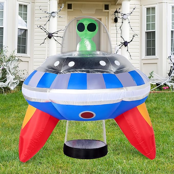 Joiedomi 5 FT Halloween Inflatable Outdoor Decoration, Inflatable Alien Decor Outdoor, Alien Blow Up with UFO Yard Decorations with Colorful LEDs for Halloween Decor