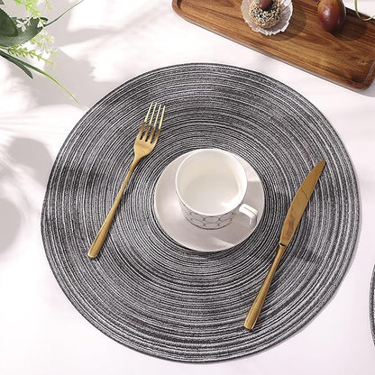 SHACOS Round Braided Placemats Set of 8 Round Table Mats for Dining Tables Non Slip Washable (Black Grey, 8)