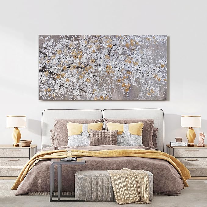 Botanical Wall Art Wall Decor Gold WhiteTree Flower Modern Canvas Art Print Abstract Artwork Pictures For Living Room Bedroom Bathroom Office Home Decor Can Be Hung Directly 24"X 48"