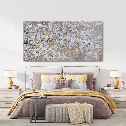 Botanical Wall Art Wall Decor Gold WhiteTree Flower Modern Canvas Art Print Abstract Artwork Pictures For Living Room Bedroom Bathroom Office Home Decor Can Be Hung Directly 24"X 48"