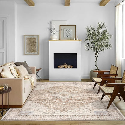Boho Farmhouse Bedroom Rug Washable Easy Clean Stain Resistant Vintage Country Rustic Neutral Persian Area Rug for Dining Room Under Table,Light Tan Brown Beig with Terracotta Pattern,5x8