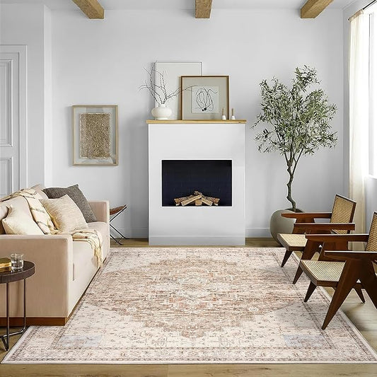 Boho Farmhouse Bedroom Rug Washable Easy Clean Stain Resistant Vintage Country Rustic Neutral Persian Area Rug for Dining Room Under Table,Light Tan Brown Beig with Terracotta Pattern,5x8