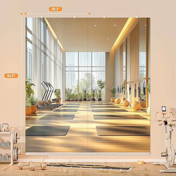 Hasipu Home Gym Mirror, 95"x40" Each, 1-Pack Frameless Wall Mounted Mirrors with Glass Clamps & Aluminum Rail, Large Body Mirror for Home Gym, Yoga Studio, Bedroom, Silver Tempered Glass
