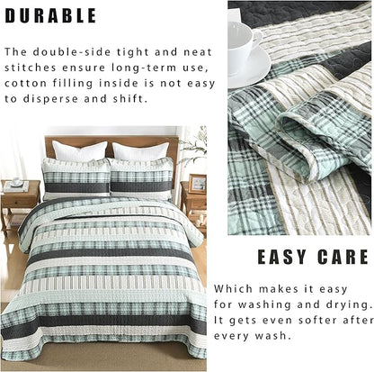 Homzard King Comforter,Cotton King Size Quilt,Teal Black White Bedding Set,Plaid Striped Bedspread，Lightweight Reversible Coverlet All Season 3 Pieces