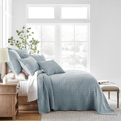 Levtex Home Mills Waffle Full Bedspread Set (100x104in) with 2 Pillow Shams (26x20in) - Chambray - Cotton Waffle Full Size Bedspread Set - Lightweight, Soft, Pre-Washed