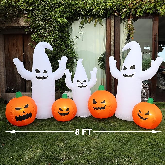 SAND MINE 8 FT Long Lighted Halloween Inflatable Ghosts with Pumpkins, Halloween Blow Up Decorations for Halloween Indoor Outdoor Garden Lawn Party Yard Decorations
