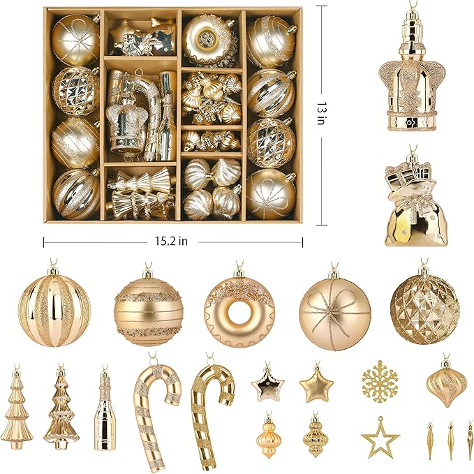 SHareconn 70pcs 2025 Classic Christmas Balls Ornaments Set, Shatterproof Plastic Baubles, Ribbon and Tree Topper for Xmas Tree Holiday Wedding Party Decorations with Hanging Strings, Champagne Gold