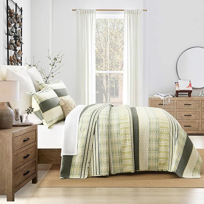 Homzard King Quilt - Cotton Comforter Set King Size, Army Green Yellow Striped Quilt Set,Olive Green Plaid Bedding Bedspread, Lightweight Farmhouse Bedding Set 3 Pieces All Season