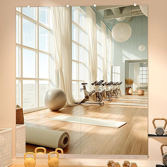 Hasipu Home Gym Mirror, 71"x32" Each, 2-Pack Frameless Wall Mounted Mirrors with Glass Clamps & Aluminum Rail, Large Body Mirror for Home Gym, Yoga Studio, Bedroom, Silver Tempered Glass