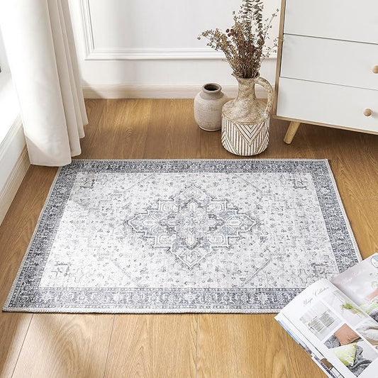 Boho Kitchen Rugs Washable - Non Slip Vintage Throw Area Rug 2x3 Thin Entryway Rugs Indoor,Front Door Mat Floor Doormat for Entry,Blue and Cream Beige