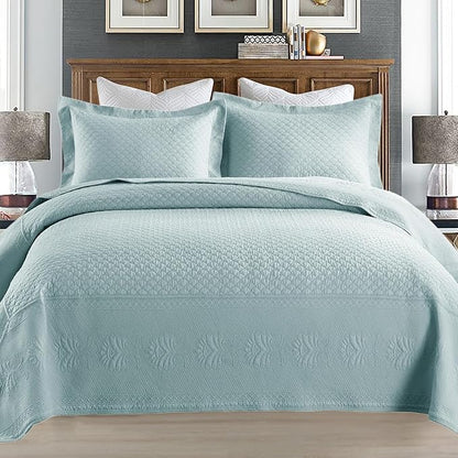 MarCielo 3-Piece 100% Cotton Oversized Bedspread Lightweight Quilt Coverlet Embroidery Farmhouse Bedding Set (TM Mint Green, Oversized Queen (100"x106"))