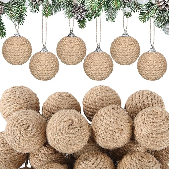 Syhood 18 Pcs 1.57 Inches Christmas Ball Ornaments Boho Farmhouse Jute Rope Hanging Balls Burlap Neutral Rustic Ornaments for Xmas Tree Holiday Wreath Garland Wedding Home