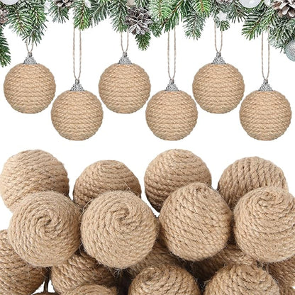 Syhood 18 Pcs 1.57 Inches Christmas Ball Ornaments Boho Farmhouse Jute Rope Hanging Balls Burlap Neutral Rustic Ornaments for Xmas Tree Holiday Wreath Garland Wedding Home