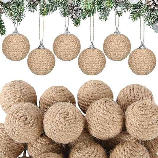 Syhood 18 Pcs 1.57 Inches Christmas Ball Ornaments Boho Farmhouse Jute Rope Hanging Balls Burlap Neutral Rustic Ornaments for Xmas Tree Holiday Wreath Garland Wedding Home