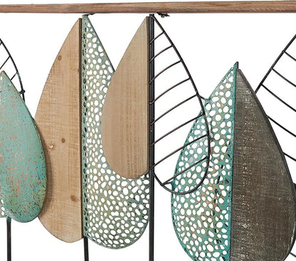 Deco 79 Wood Leaf Home Wall Decor Cutout Wall Sculpture with Green and Black Metal Wire Accents, Wall Art 47" x 3" x 22", Brown
