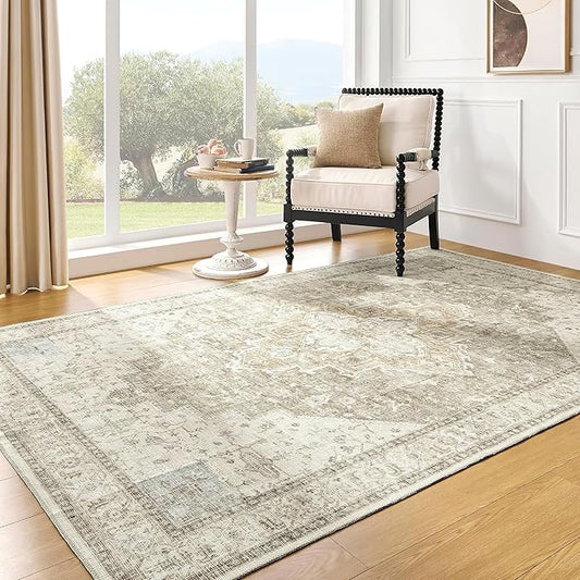 4x6 Boho Neutral Living Room Rug Washable Vintage Rustic Persian Farmhouse Style Easy to Clean Stain Resistant Area Rugs for Dining Room, Light Tan Brown and Beige