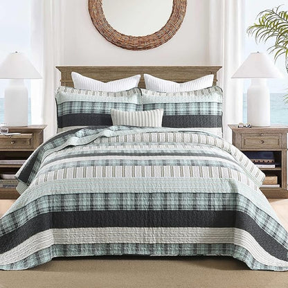 Homzard King Comforter,Cotton King Size Quilt,Teal Black White Bedding Set,Plaid Striped Bedspread，Lightweight Reversible Coverlet All Season 3 Pieces