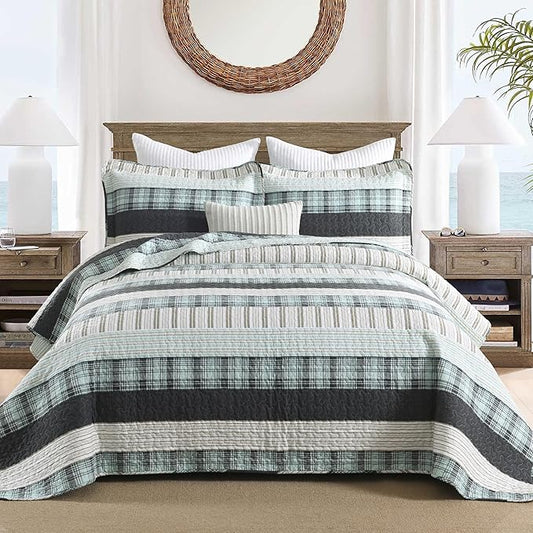 Homzard King Comforter,Cotton King Size Quilt,Teal Black White Bedding Set,Plaid Striped Bedspread，Lightweight Reversible Coverlet All Season 3 Pieces
