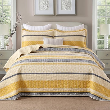 Homzard Quilt Cotton Queen Quilt Bedding Set,Yellow Black Grey Queen Size Comforter Set,Striped Bedspread Queen Size, Lightweight Farmhouse Bed Set Cover All Season 3 Pieces