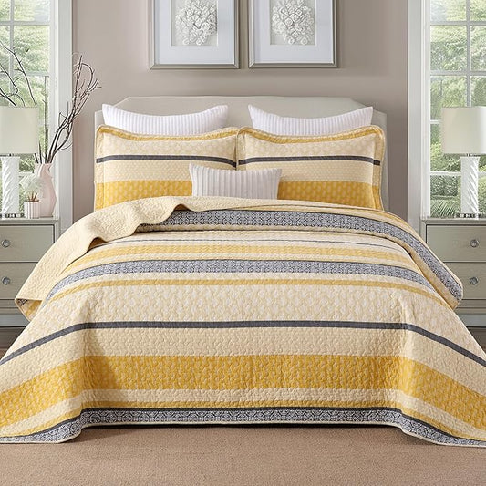 Homzard Quilt Cotton Queen Quilt Bedding Set,Yellow Black Grey Queen Size Comforter Set,Striped Bedspread Queen Size, Lightweight Farmhouse Bed Set Cover All Season 3 Pieces