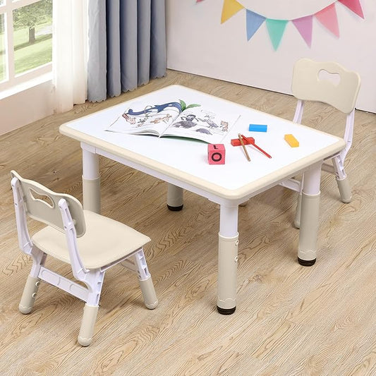 Adjustable Kids Table & Chairs Set for Ages 3-8 | 31.5"x23.6" Easy-Clean Activity Table | Meets ASTM/CPSC Standards for Daycare, Homeschool & Playroom (Natural, 2 Chairs)