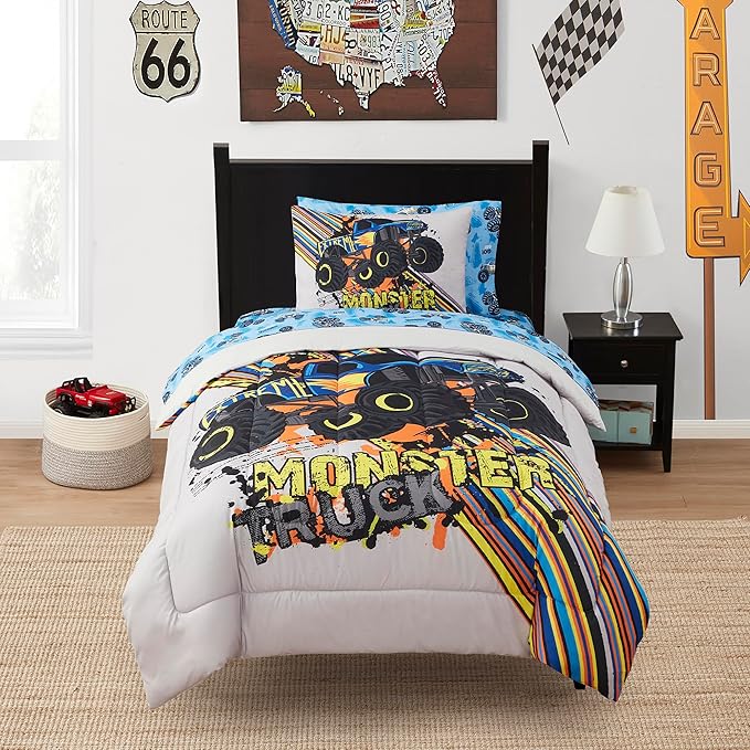Kids Bedding Set Bed in a Bag for Boys and Girls Toddlers Printed Sheet Set and Comforter, Twin, Monster Truck