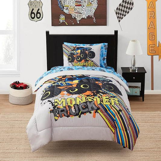 Kids Bedding Set Bed in a Bag for Boys and Girls Toddlers Printed Sheet Set and Comforter, Twin, Monster Truck