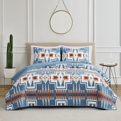 PENDLETON Harding Denim Blue Comforters Queen Size, Wrinkle-Resistant Bedding Cover for Vibrant Summer Rustic Geomeric Farmhouse Decor, Quilt with Matching Pillow Shams, Full/Queen, Denim