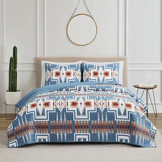 PENDLETON Harding Denim Blue Comforters Queen Size, Wrinkle-Resistant Bedding Cover for Vibrant Summer Rustic Geomeric Farmhouse Decor, Quilt with Matching Pillow Shams, Full/Queen, Denim