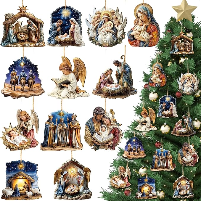 Suzile 36 Pcs Wooden Ornaments Vintage Tree Ornaments Decorations for Tree Wreaths Hanging Wood Cutouts Decor for Home Winter Party(Jesus)
