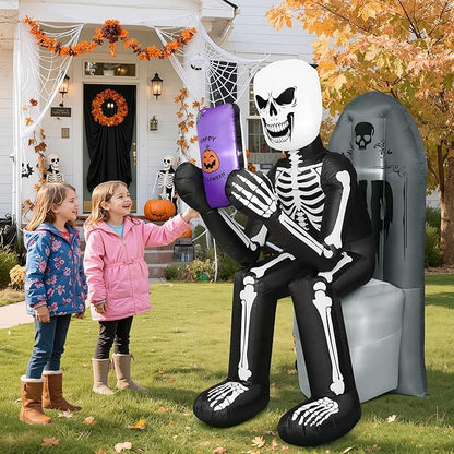 BLOOMWIN 6.1 FT Halloween Inflatable Outdoor Decoration Skeleton & Tombstone Halloween Inflatable Blow Up Yard Decorations with LEDs for Halloween Holiday Party Outdoor Garden Yard Lawn Indoor Decor
