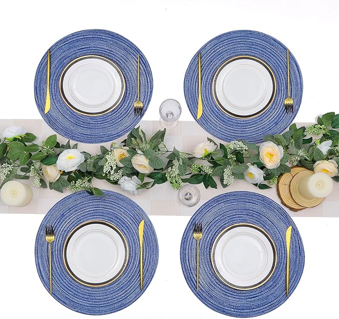 SHACOS Round Braided Placemats 15 inch Set of 6 Washable Kitchen Table Placemats for Home Wedding Party (Blue White, 6)