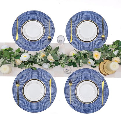 SHACOS Round Braided Placemats 15 inch Set of 6 Washable Kitchen Table Placemats for Home Wedding Party (Blue White, 6)