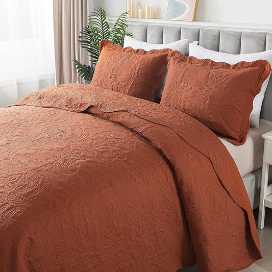 HoneiLife Queen Quilt Bedding Set - 3 Pieces Microfiber Quilt Sets Lightweight Bedspreads Reversible Coverlets Retro Bed Cover Paisley Pattern Bedding Set All Season Quilts-Rust