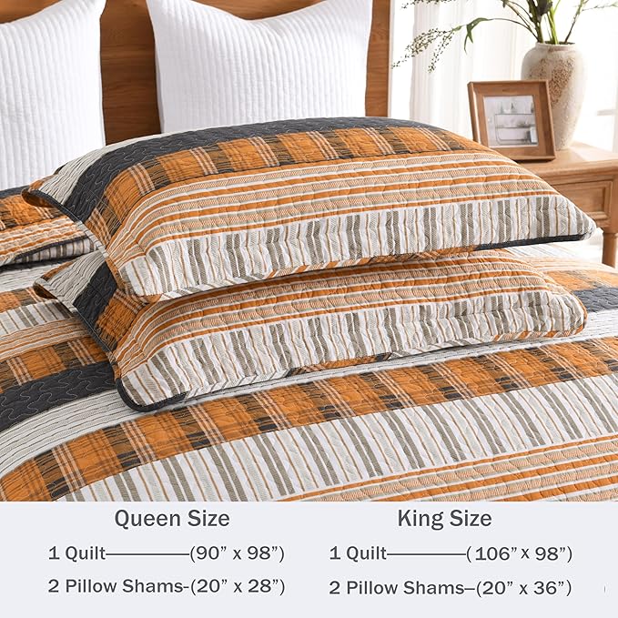 Homzard King Comforter，Cotton King Size Quilt，Caramel Orange Black Bedding Set，Plaid Striped Bedspread，Lightweight Reversible Bed Set 3 Pieces
