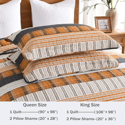 Homzard King Comforter，Cotton King Size Quilt，Caramel Orange Black Bedding Set，Plaid Striped Bedspread，Lightweight Reversible Bed Set 3 Pieces